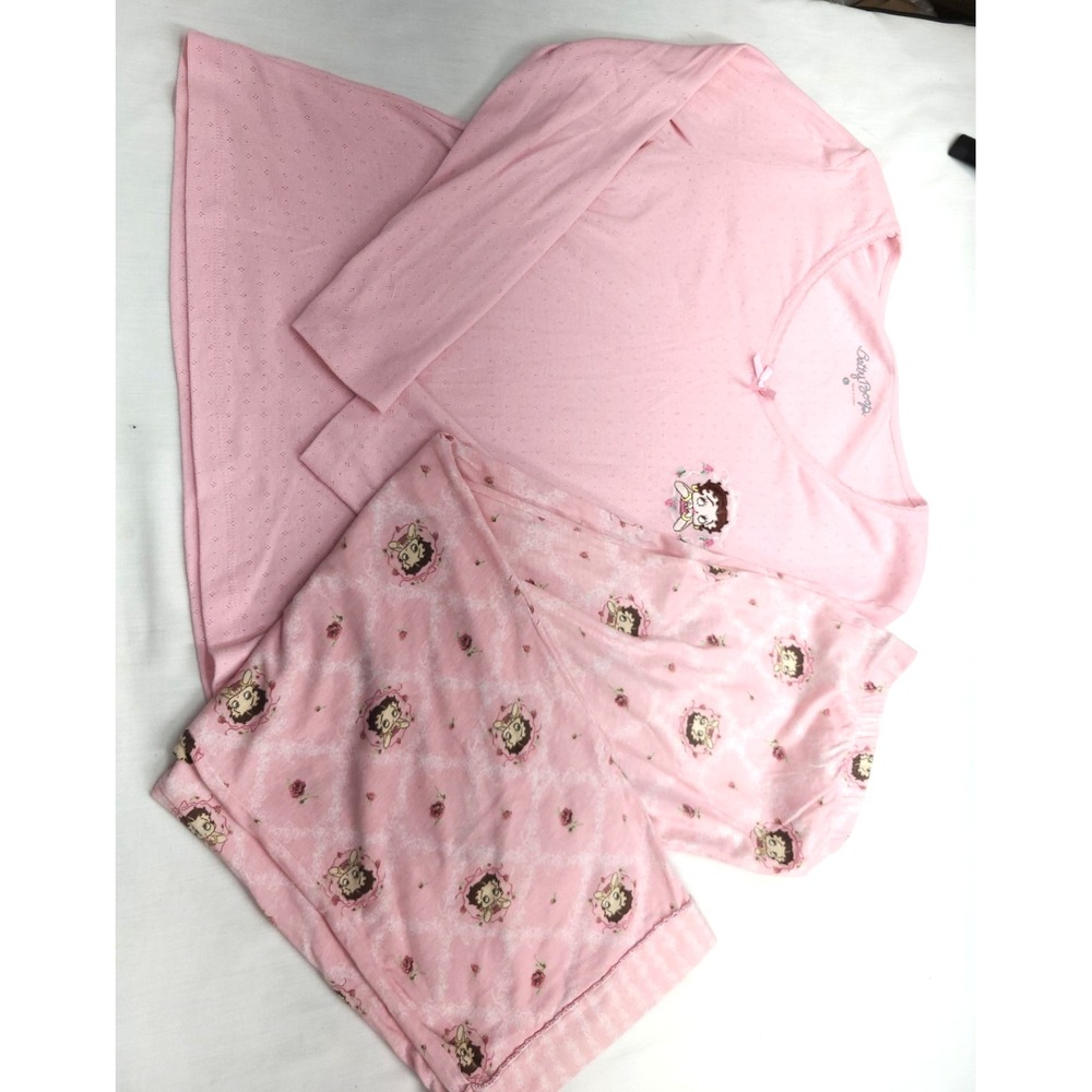 Betty Boop Pajama Set Sz Lg Embroidered Long Sleeve Tee Flannel Bottoms